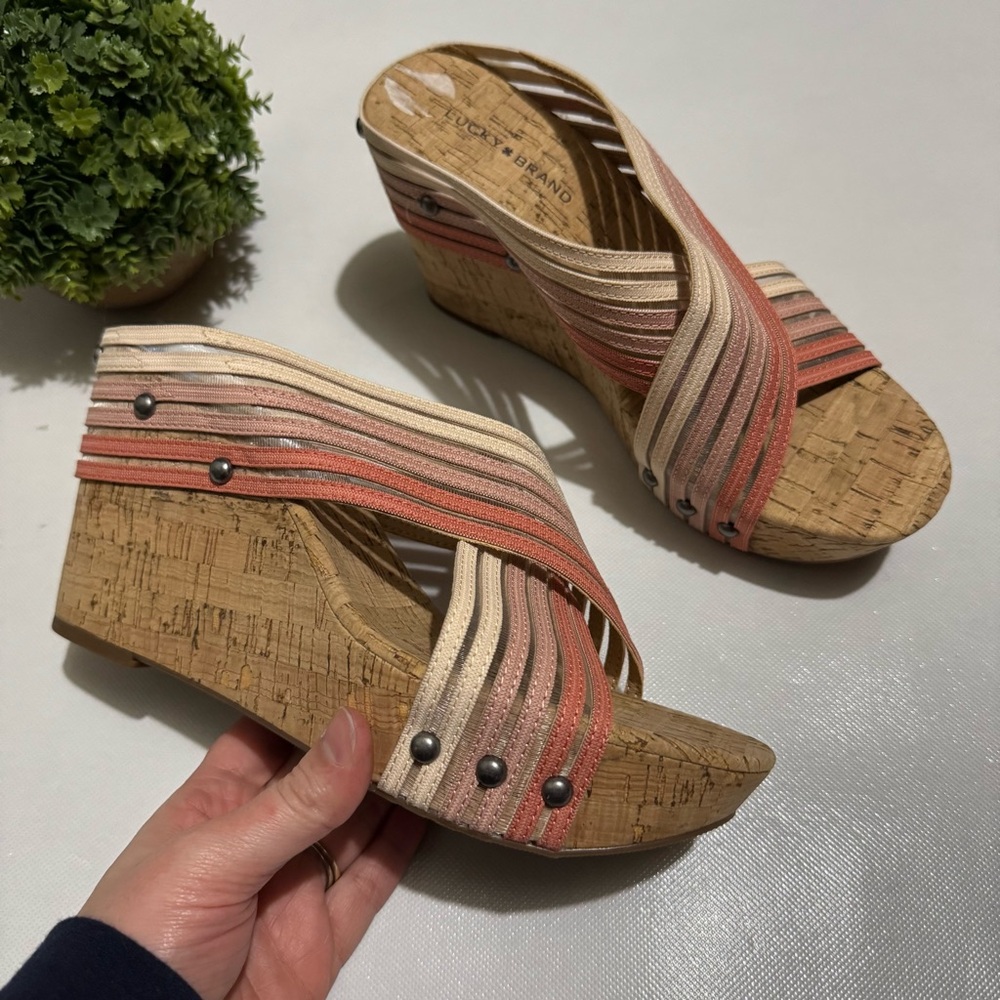 Lucky Brand Pink and Cream Wedge Sandals with Cork Heel